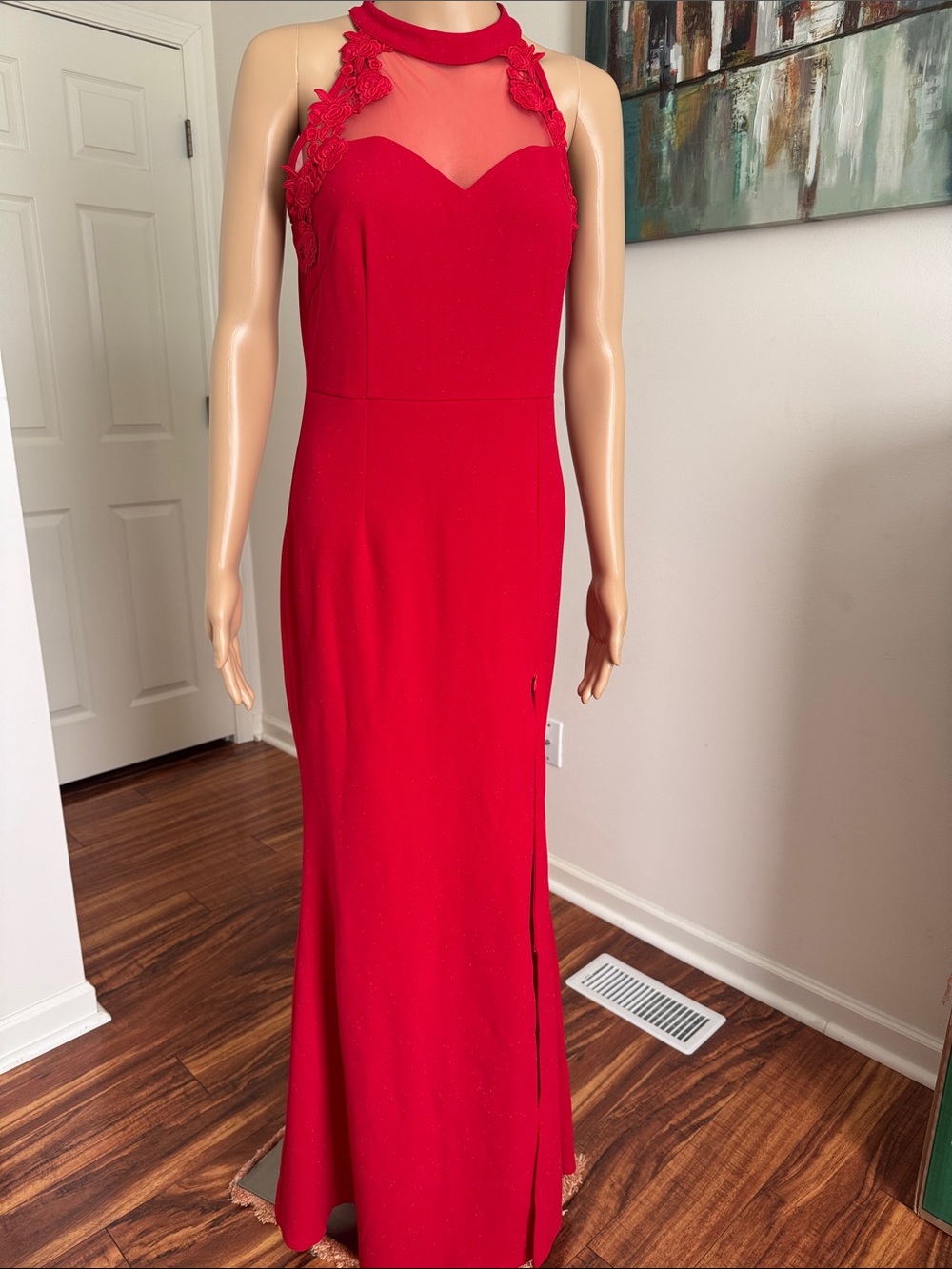 Elegant Red Sparkle Halter Style Evening Dress
